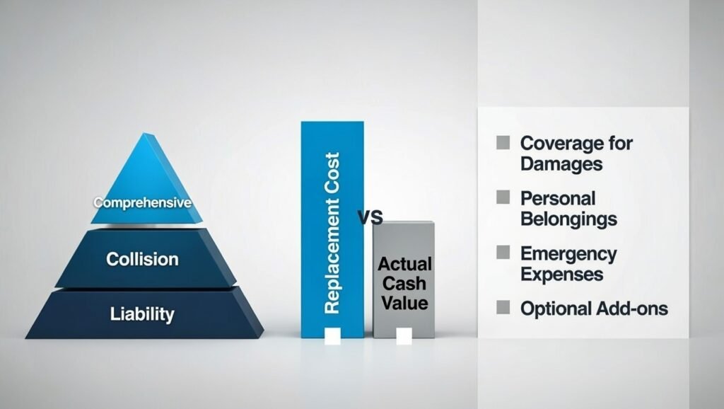 RV insurance coverage explained: what policies include, hidden gaps, and how to build real protection RV insurance coverage layers pyramid infographic showing liability at base, physical damage, add-ons, and optional protections for building strong RV policy