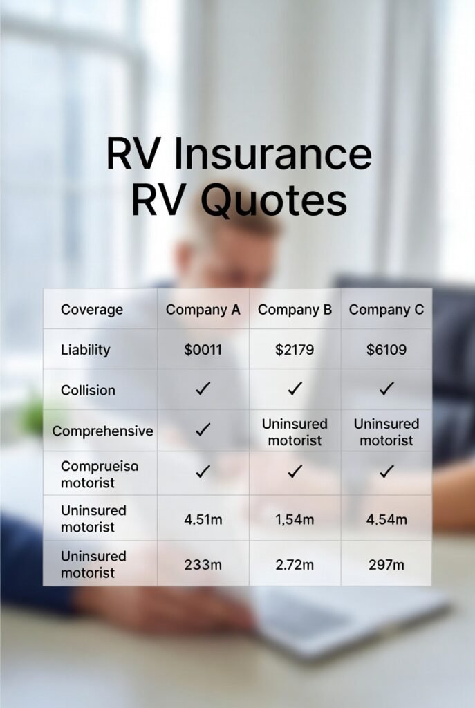 RV insurance quote comparison matrix showing coverage, deductibles, and valuation differences