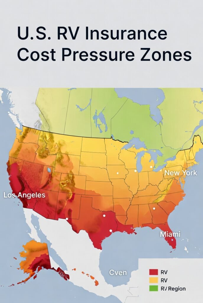 U.S. RV insurance regional tier map showing cost pressure zones by risk environment