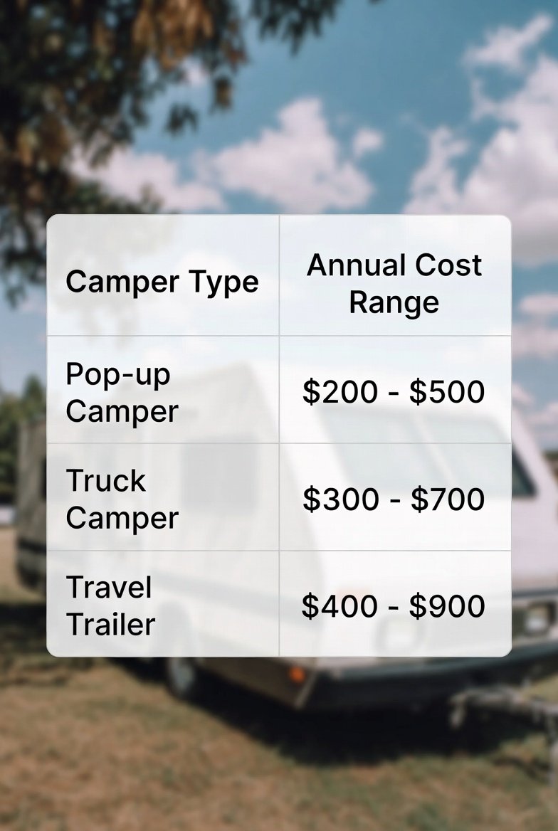 Camper insurance cost table showing annual price ranges by camper type