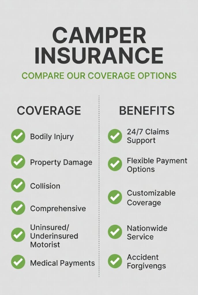 Camper insurance coverage package matrix comparing minimum, balanced, and strong protection levels